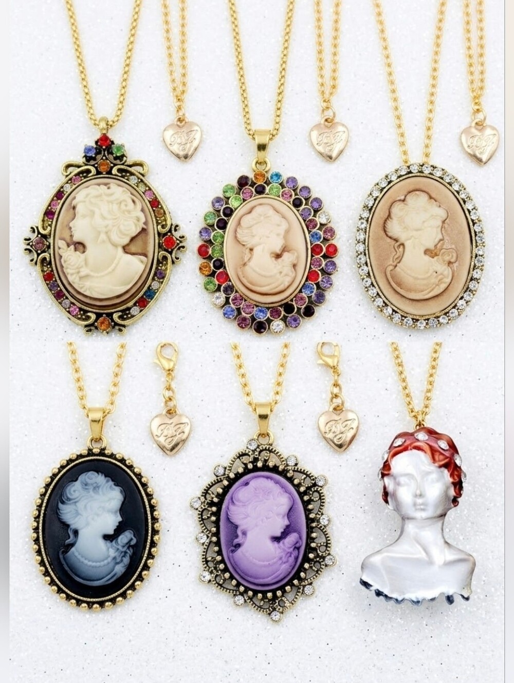 Choose 1 Gold plated multicolored crystal cameo necklace/brooch